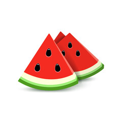 Three watermelon slices with seeds isolated on white background. Realistic illustration of triangular watermelon slices. Vector illustration.
