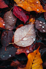 An image capturing the beauty of autumn rain, with raindrops on colorful leaves, creating a glistening and ethereal atmosphere