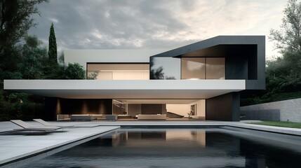 Fototapeta premium Modern Minimalist House with Pool and Greenery