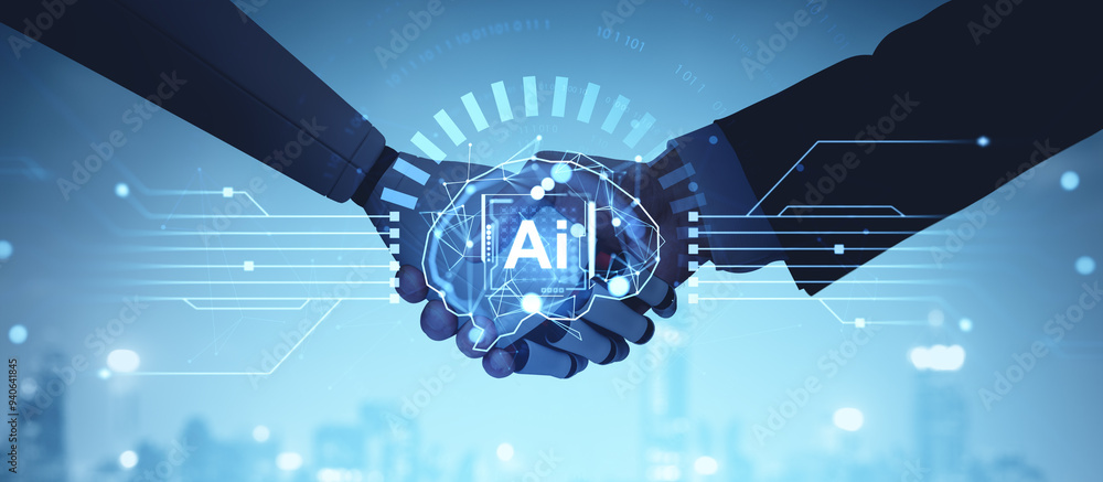 Poster human and robot handshake symbolizing ai collaboration on a digital background.