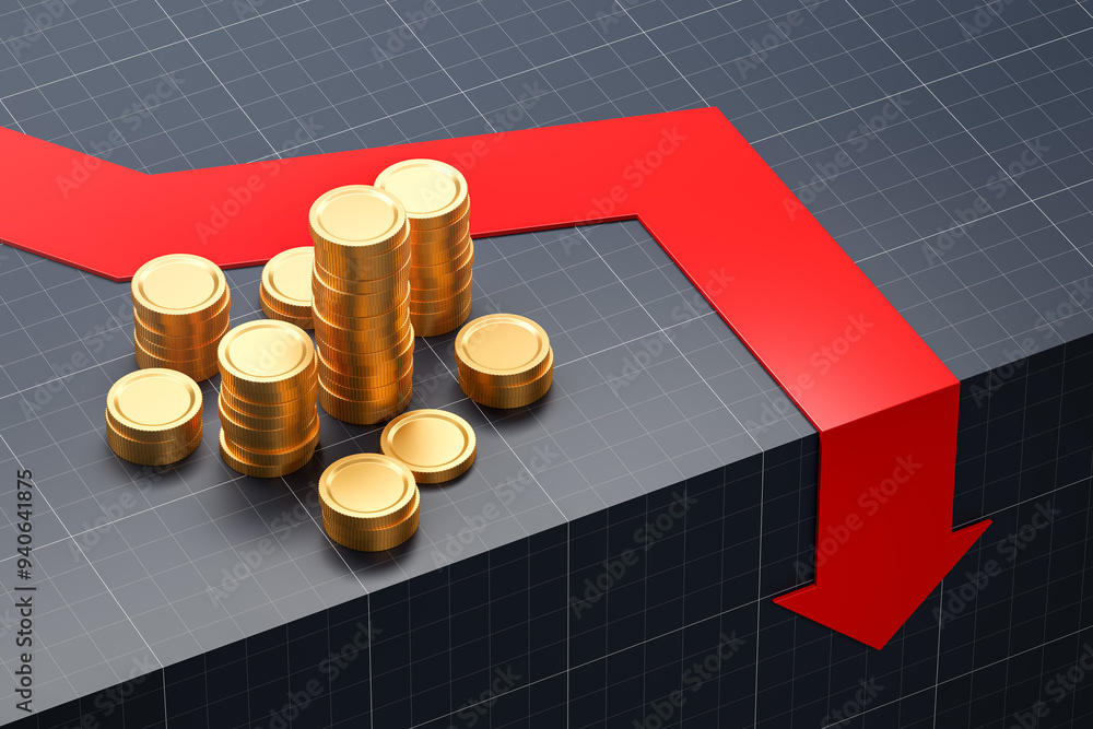 Poster stack of coins with red downward arrow on grid background. 3d rendering