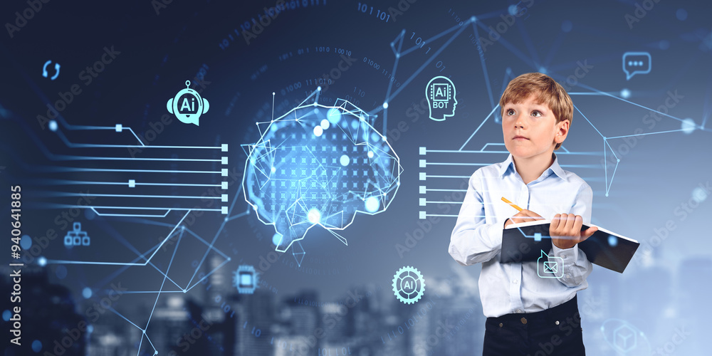 Aufkleber boy taking notes, digital ai brain hologram with icons and circuit