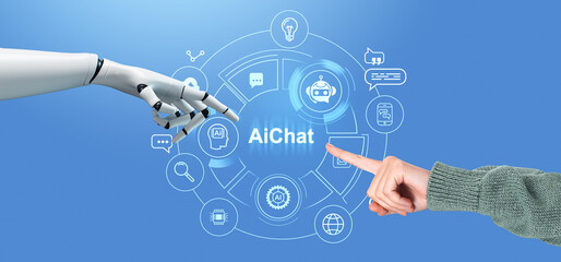 Human and Robot Hands Interacting with AI Chat Interface on Blue Background.
