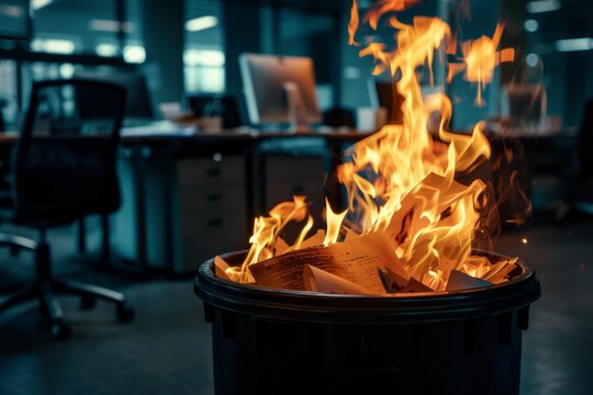 Office trash bin on fire in a modern workspace. Urgency and chaos. Conceptual image for crisis and emergency. Shot in a contemporary setting. Close-up with vivid colors. Generative AI