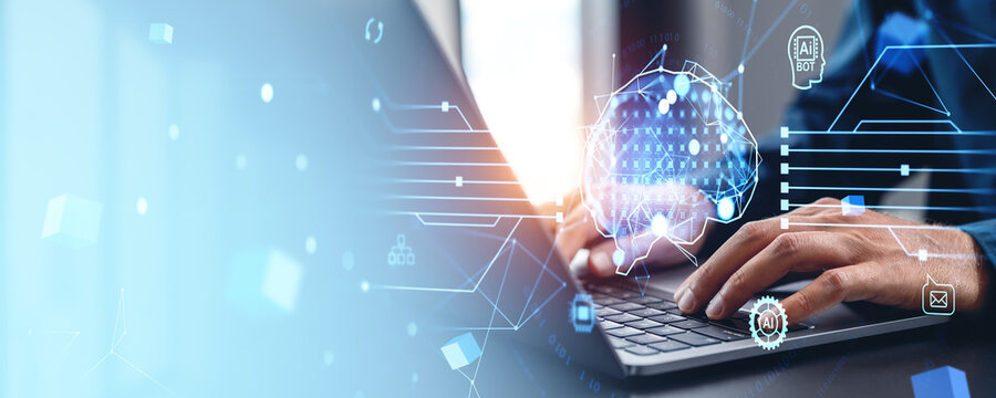 Man hands typing on laptop, glowing ai brain hologram and icons