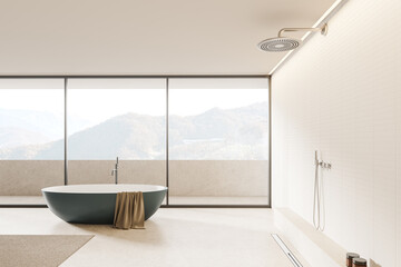 Modern bathroom interior with mountain view through large windows. 3D Rendering