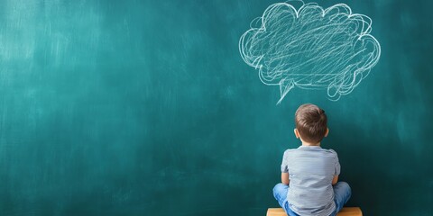 Young boy thinking with a thought bubble drawn on a green chalkboard