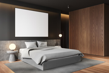 Wooden home bedroom interior with bed and decoration. Mockup frame