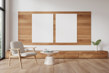 Light relax room interior with armchair and dresser with window, mockup frame