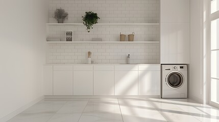 Modern laundry room with minimalist design and natural light.