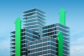 Modern skyscrapers with green arrows pointing upwards. 3D Rendering