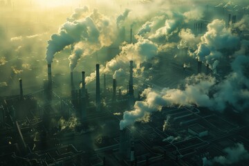 Aerial view of an industrial area with heavy smoke and pollution. The image shows a landscape engulfed in smog. Light clouds above create a conceptual, moody atmosphere. Generative AI