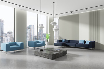 Modern living room with skyline view and stylish furniture. 3D Rendering