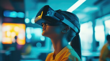A student in a futuristic classroom using immersive virtual reality tools for learning, symbolizing the future of education technology.