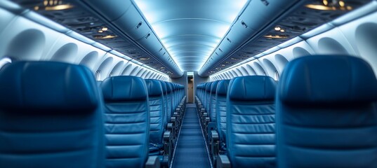 Fototapeta premium Airplane cabin seat interior. Aviation transport. Generative AI technology. 