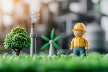 Obraz premium A figurine of a construction worker stands amidst symbols of energy, representing the balance between industry and nature.