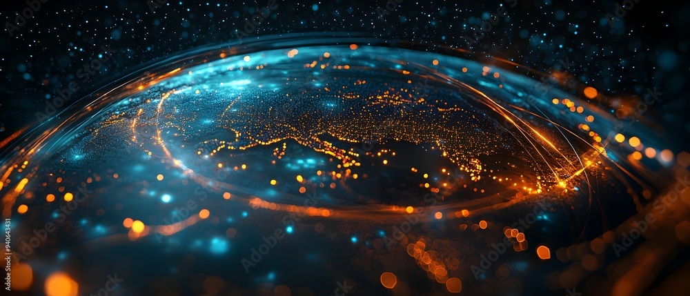 Poster digital rendering of a global trade network with pathways visualizing the concept of strategic econo