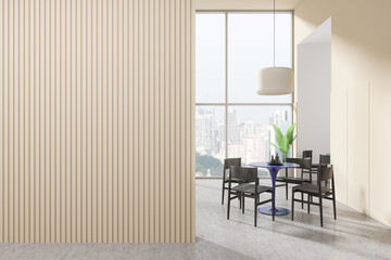 Modern dining area with large window and empty vertical slat wall. 3D Rendering