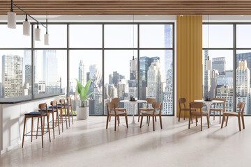 Modern cafe interior with cityscape view through large windows. 3D Rendering