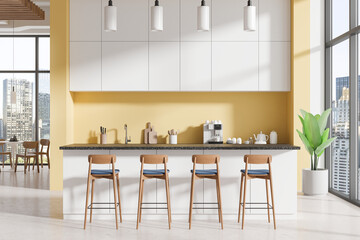 Cafe interior with bar counter, dining table with chairs, panoramic window