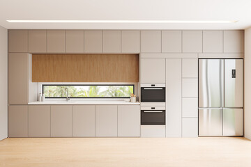 Beige home kitchen interior with cooking shelves, fridge and panoramic window