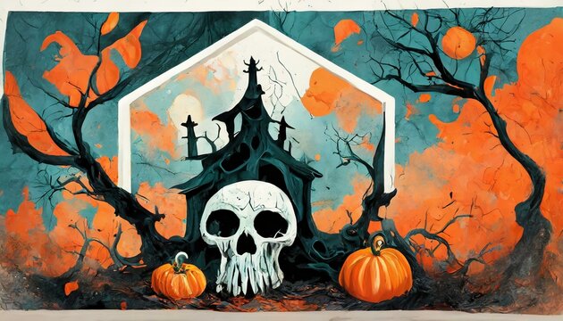halloween illustration with skuls and white frame on center