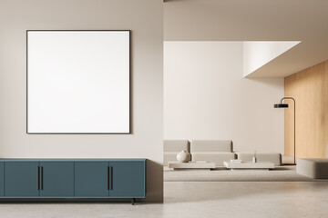 Minimalist living room with blank framed poster on the wall. 3D Rendering