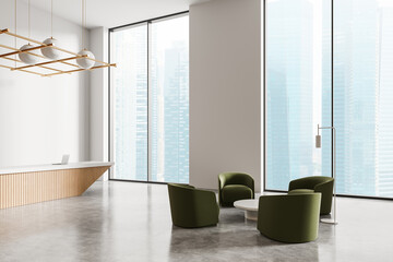Modern office lobby with green chairs and city view. 3D Rendering