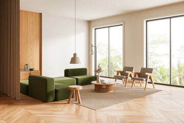 Minimalist living room with green sofas and wooden furniture. 3D Rendering