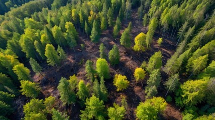 Fototapeta premium Drone image of fire-damaged forest and vibrant green trees