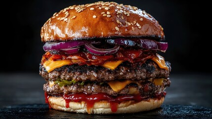 Close-up of a delicious double cheeseburger with caramelized onions, cheese, and ketchup on a...