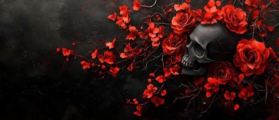 Haunting Gothic Floral Skull Tattoo Design with Dramatic Dark Florals   Photographic Concept with Copy Space for Text