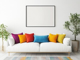 Scandinavian living room with vibrant pillows and art poster on white sofa.