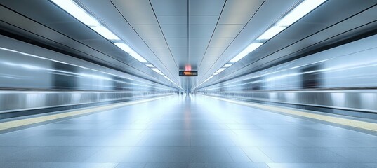 Empty train station with fast blur effect background. Generative AI technology.	
