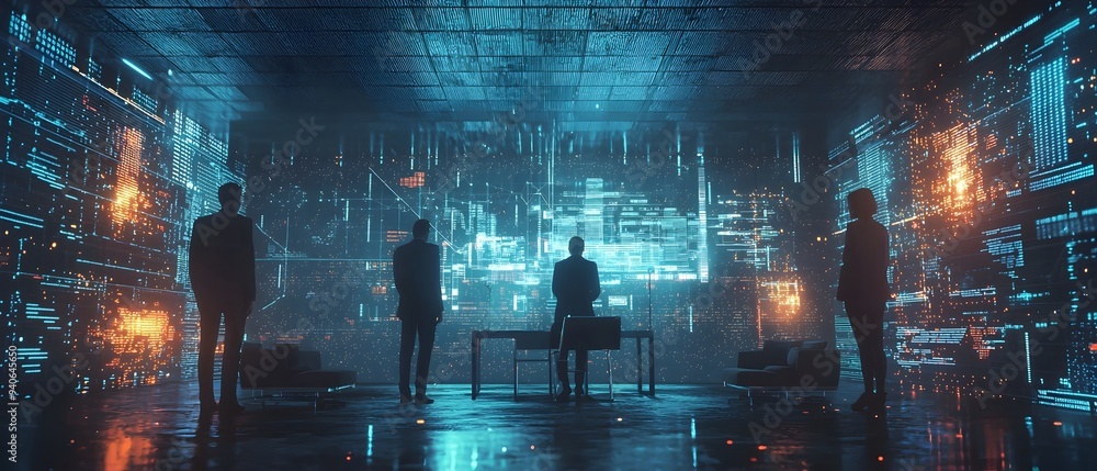 Poster futuristic financial data visualization with holographic charts and graphs in a high tech policy dec