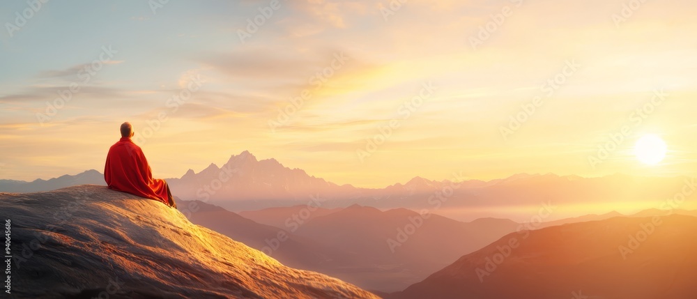 Poster a person in a red robe atop a mountain, overlooking distant mountains