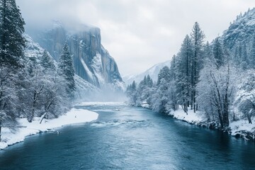 photo of the snowy valley with river, mountains and snow covered trees 