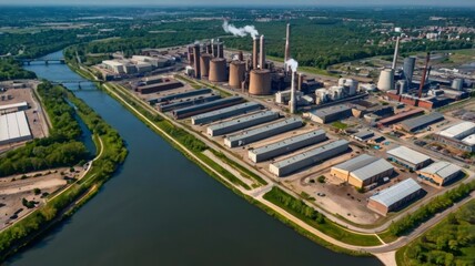 Fototapeta premium Drone view of industrial city by river 