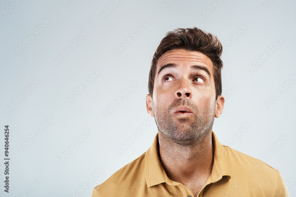 Aufkleber Confused, man and idea in studio for solution, problem solving and unsure with space for question or answer. Male person, thoughts and thinking on white background with confusion, pensive and choice.