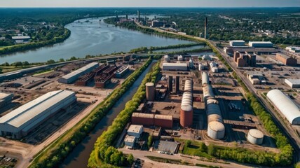 Drone view of industrial city by river 