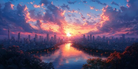 Futuristic Anime-Style Cityscape: Vibrant Digital Illustration of a High-Tech Metropolis Skyline. Creative Urban Landscape Blending Sci-Fi Elements with Cartoon Aesthetics, Perfect for Marketing Campa