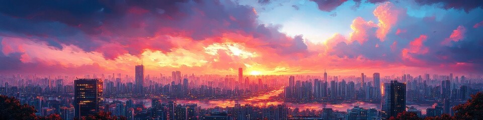 Fototapeta premium Futuristic Anime-Style Cityscape: Vibrant Digital Illustration of a High-Tech Metropolis Skyline. Creative Urban Landscape Blending Sci-Fi Elements with Cartoon Aesthetics, Perfect for Marketing Campa