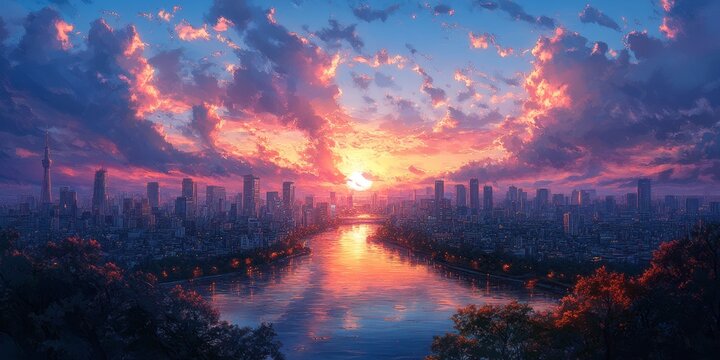 Futuristic Anime-Style Cityscape: Vibrant Digital Illustration of a High-Tech Metropolis Skyline. Creative Urban Landscape Blending Sci-Fi Elements with Cartoon Aesthetics, Perfect for Marketing Campa