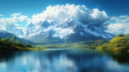 Fototapeta premium Stunning mountain landscape with snow-capped peaks, lush greenery, and a calm lake under a bright blue sky with fluffy white clouds.