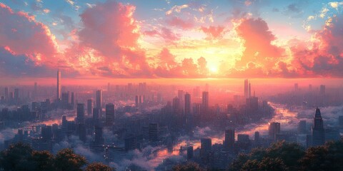 Futuristic Anime-Style Cityscape: Vibrant Digital Illustration of a High-Tech Metropolis Skyline. Creative Urban Landscape Blending Sci-Fi Elements with Cartoon Aesthetics, Perfect for Marketing Campa