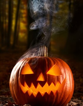 Glowing jack-o'-lantern with rising smoke in a dark, autumn forest setting. Perfect for creating spooky Halloween banners, eerie event posters, and seasonal social media content.