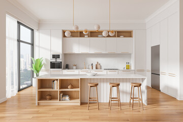 Luxury home kitchen interior with bar counter and cabinet, panoramic window