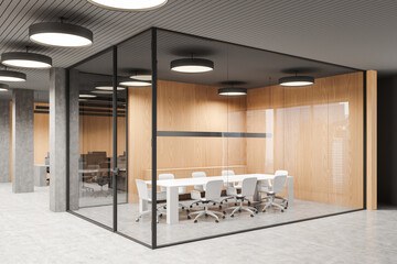 Business office interior with glass conference space and coworking zone