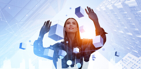 Woman interacting with virtual objects in a futuristic environme