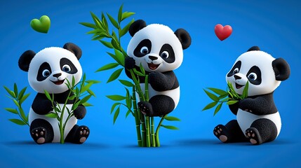 Three cheerful pandas playfully interacting with bamboo against a vibrant blue background, evoking joy and playfulness.
